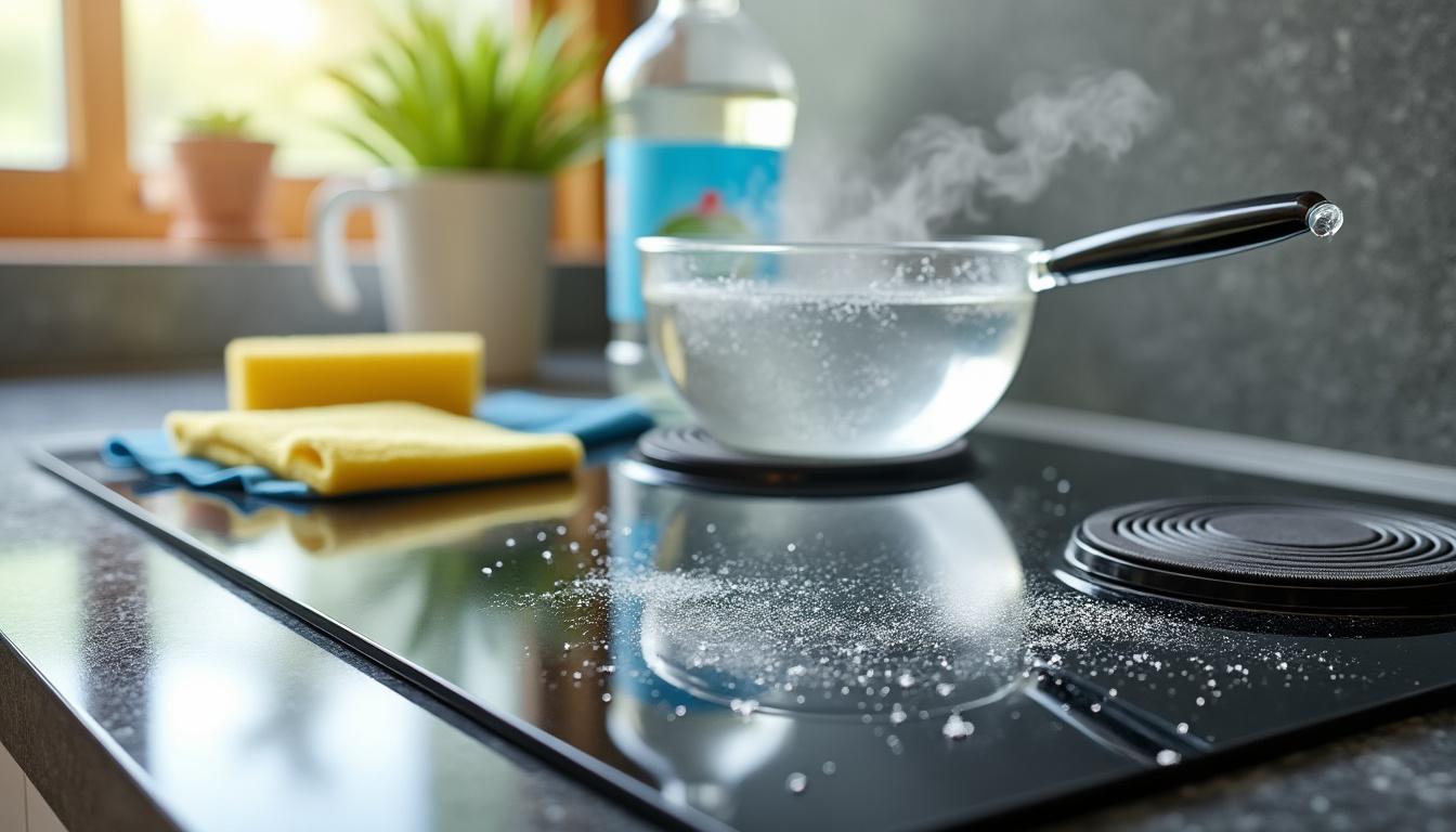 découvrez une astuce efficace pour faire chauffer du vinaigre blanc et éliminer facilement les traces blanches sur vos plaques vitrocéramiques.